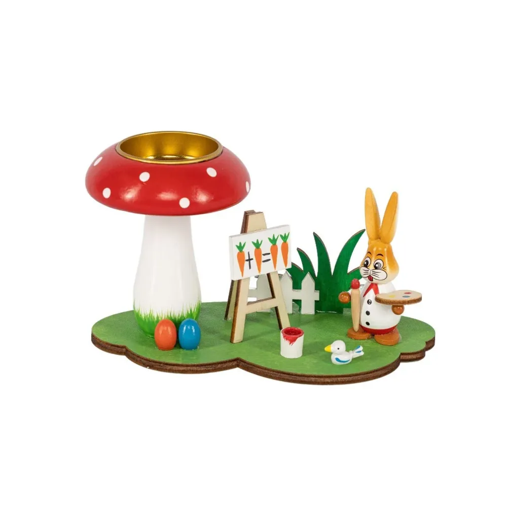 Kerzenhalter für Teelichte "Osterhase Maler mit Fliegenpilz", farbig, 8 cm