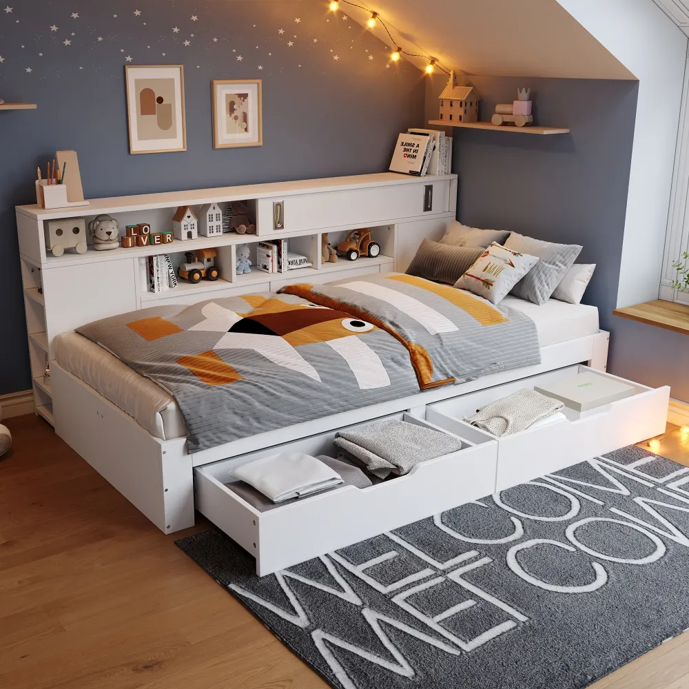 Kinderbett 140x190cm Funktionsbett mit Stauraum, Daybed inkl. 2 Schubladen, Regalen & Schrank, Stauraumbett aus MDF, Jugen...
