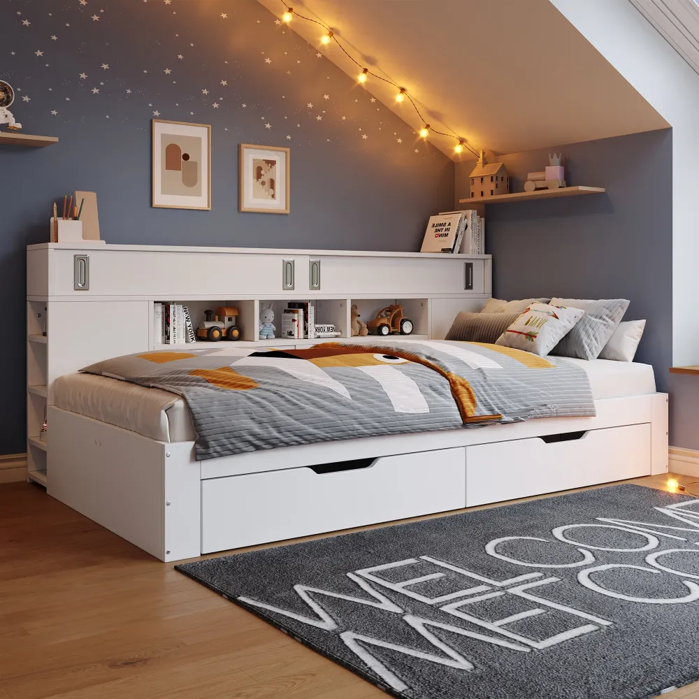 Kinderbett 140x190cm Funktionsbett mit Stauraum, Daybed inkl. 2 Schubladen, Regalen & Schrank, Stauraumbett aus MDF, Jugen...