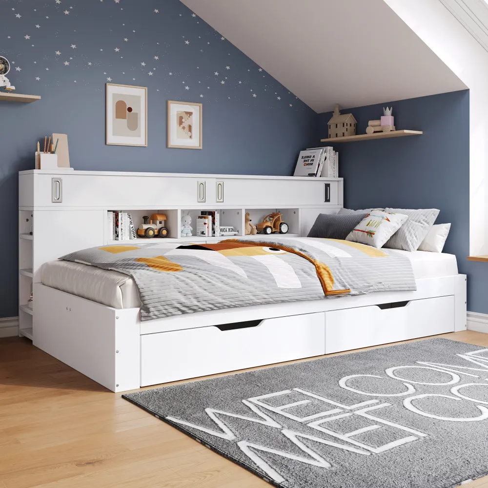 Kinderbett 140x190cm Funktionsbett mit Stauraum, Daybed inkl. 2 Schubladen, Regalen & Schrank, Stauraumbett aus MDF, Jugen...