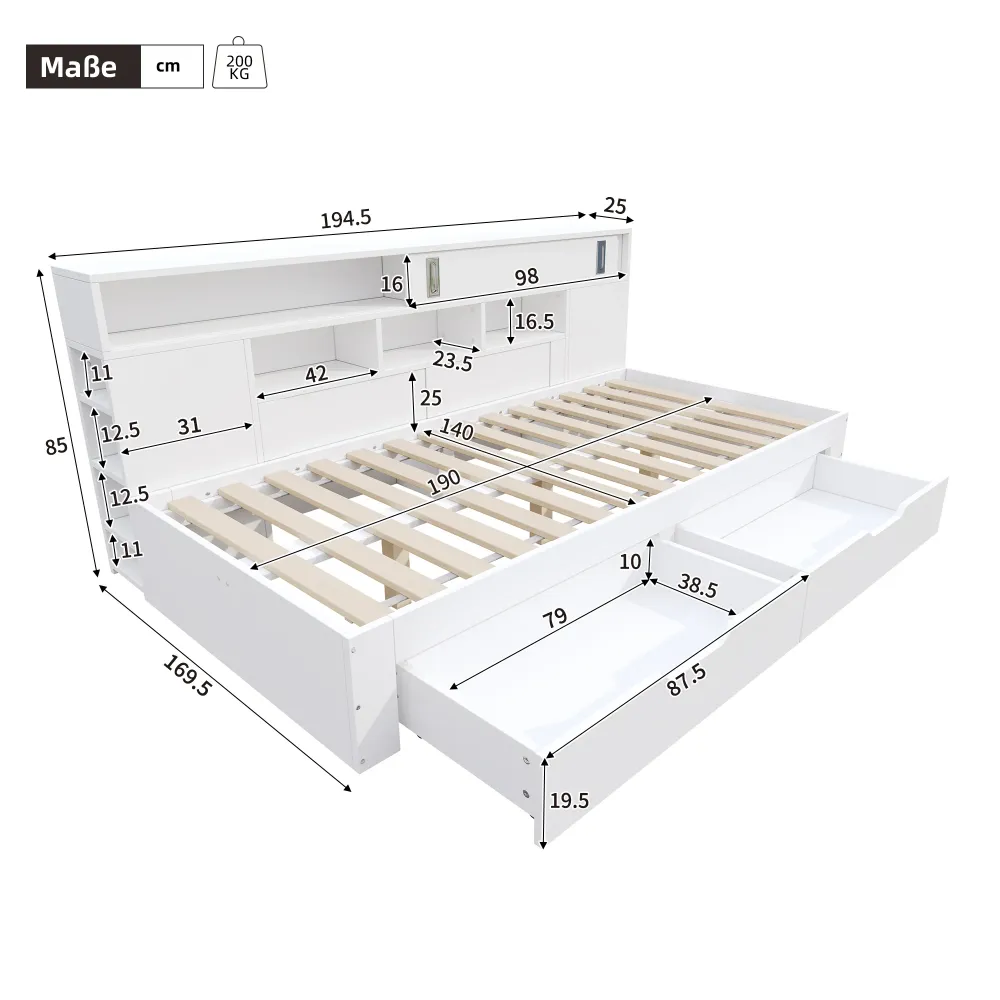 Kinderbett 140x190cm Funktionsbett mit Stauraum, Daybed inkl. 2 Schubladen, Regalen & Schrank, Stauraumbett aus MDF, Jugen...