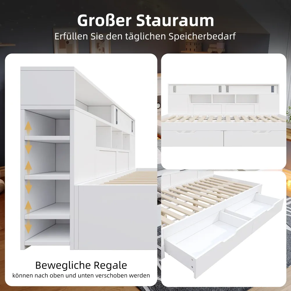Kinderbett 140x190cm Funktionsbett mit Stauraum, Daybed inkl. 2 Schubladen, Regalen & Schrank, Stauraumbett aus MDF, Jugen...