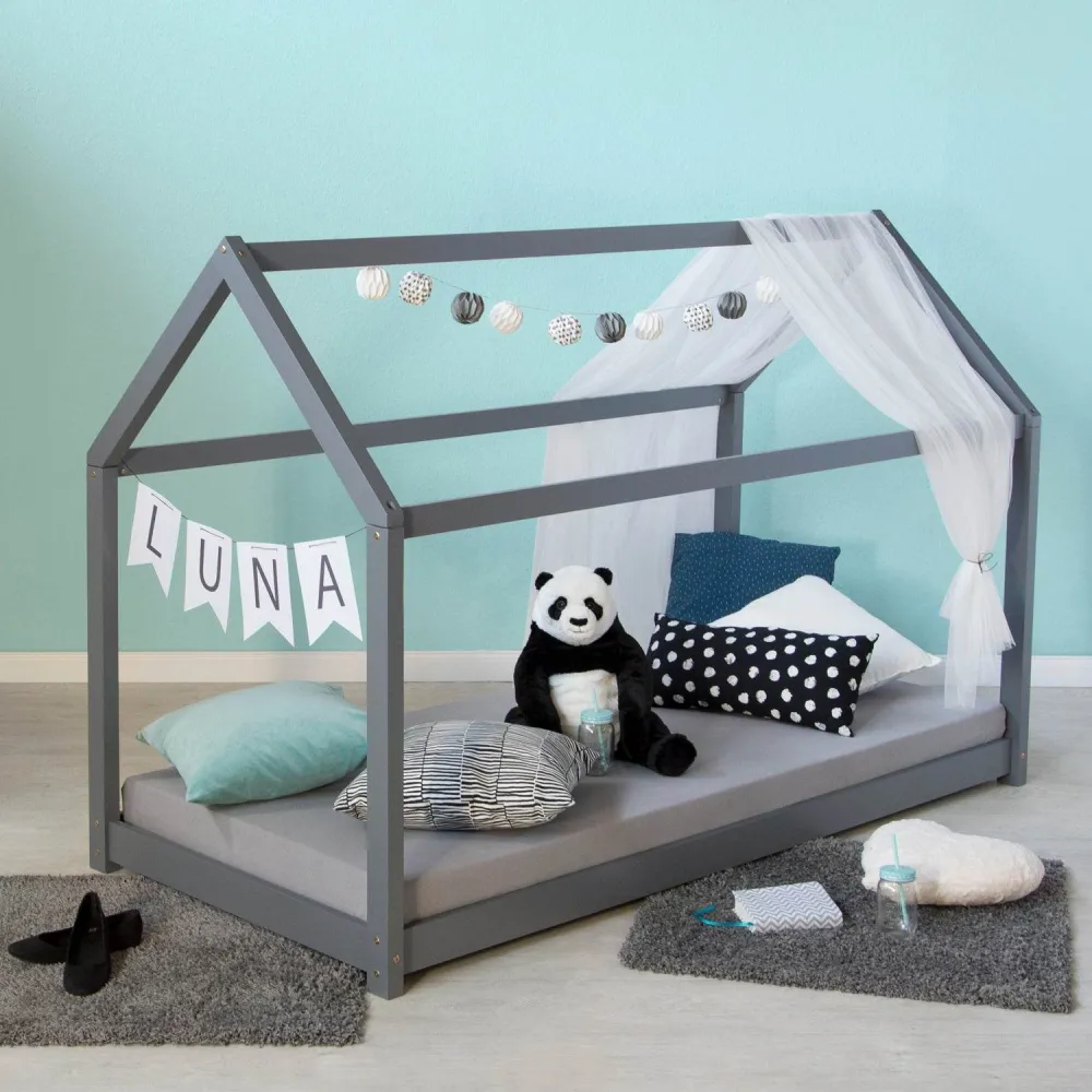 Kinderbett 80x160 cm mit Matratze Montessori Holzbett Lattenrost Grau
