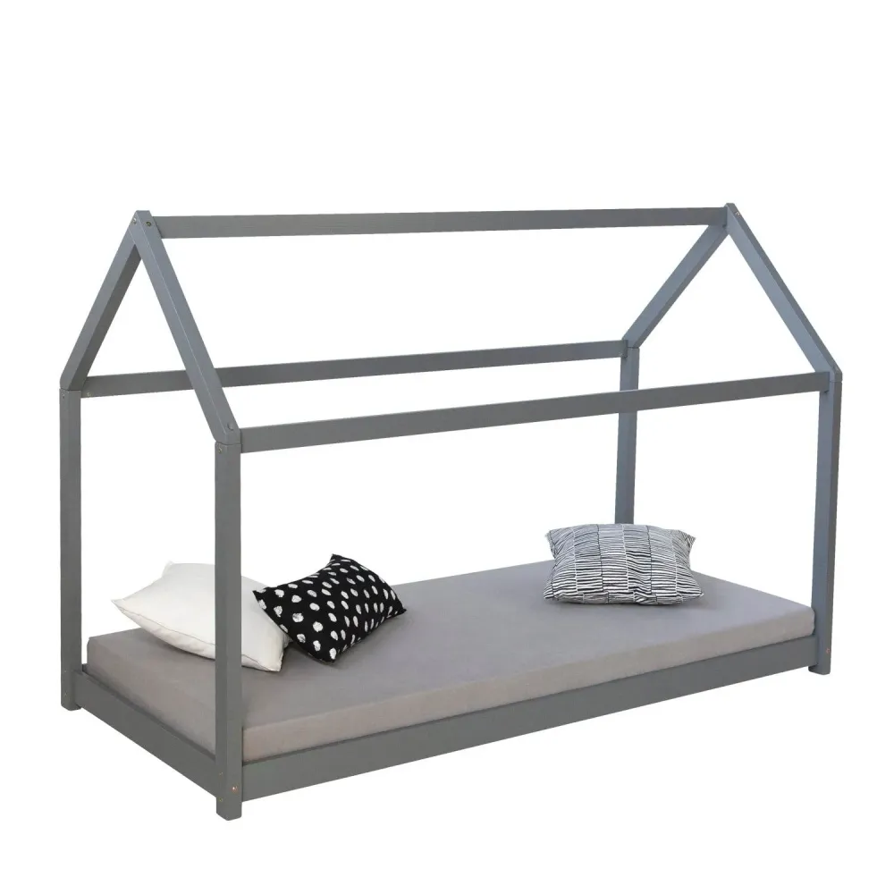Kinderbett 80x160 cm mit Matratze Montessori Holzbett Lattenrost Grau