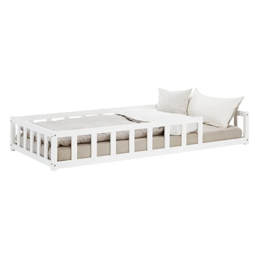 Kinderbett 90x200 Weiss | Bodenbett mit Matratze & Lattenrost | mit Rausfallschutz | Montessori