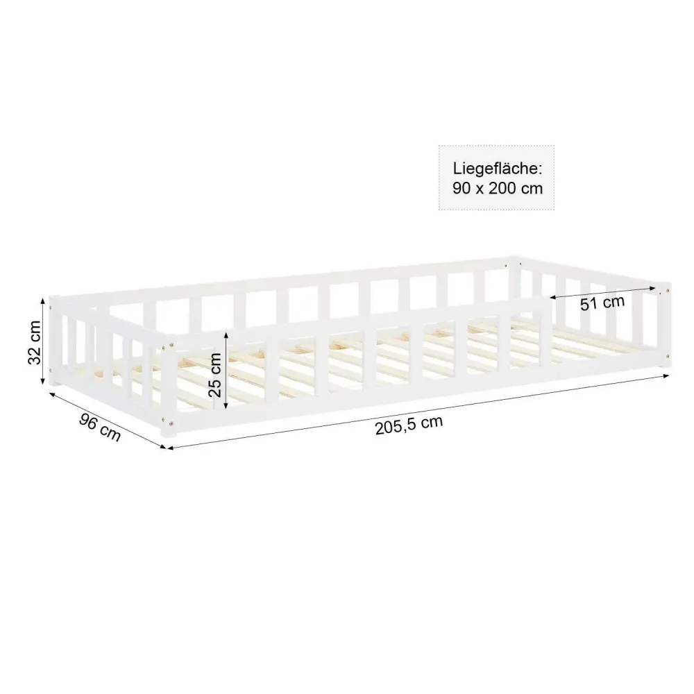 Kinderbett 90x200 Weiss | Bodenbett mit Matratze & Lattenrost | mit Rausfallschutz | Montessori