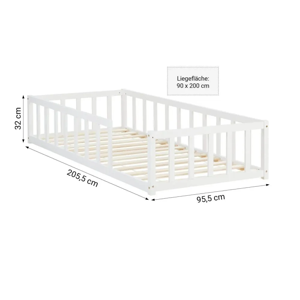 Kinderbett 90x200 Weiss | Bodenbett mit Matratze & Lattenrost | mit Rausfallschutz | Montessori
