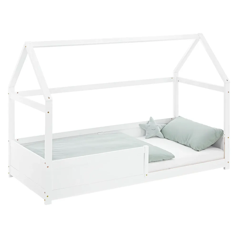 Kinderbett 90x200 cm Weiss | Hausbett mit Rausfallschutz | Montessori | Einzelbett | mit Lattenrost