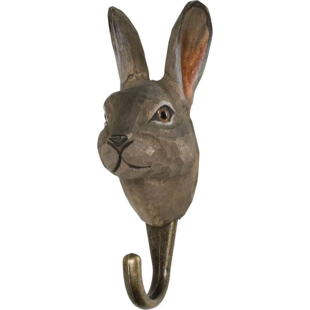 KLEIDERHAKEN HASE Garderobe Wandhaken massiv Landhaus Vintage handgeschnitzt und handbemalt Holz und Metall-Haken 18,5cm hoch