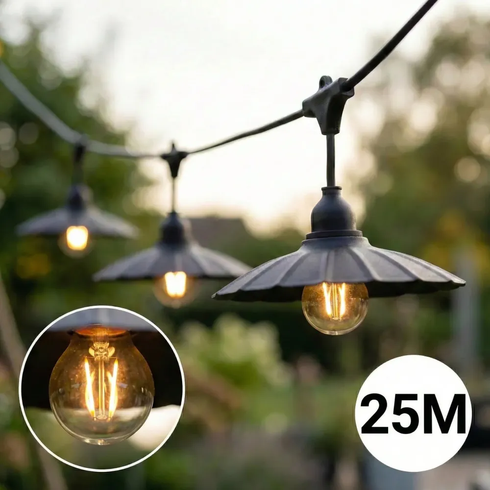 Komplette Lichterkette mit 25 Lampenschirmen | 25 Meter | Muschelform | Verkettbar | E27 | Inkl. 1-W-Glühbirnen