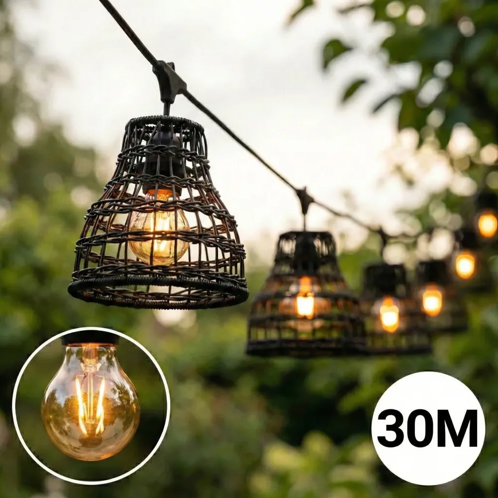 Komplette Lichterkette mit 30 Lampenschirmen | 30 Meter | Schwarzer Bambus | Verbindbar | E27 | Inklusive 1-Watt-Glühbirnen