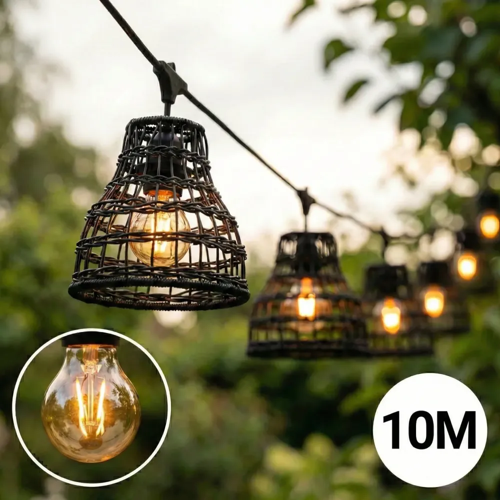 Komplette Lichterkette mit 10 Lampenschirmen | 10 Meter | Schwarzer Bambus | Verbindbar | E27 | Inklusive 1-Watt-Glühbirnen