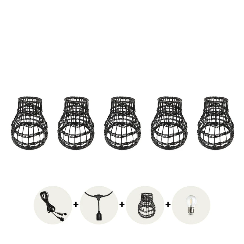 Komplette Lichterkette mit 10 Lampenschirmen | 10 Meter | Schwarzer Bambus | Verbindbar | E27 | Inklusive 1-Watt-Glühbirnen