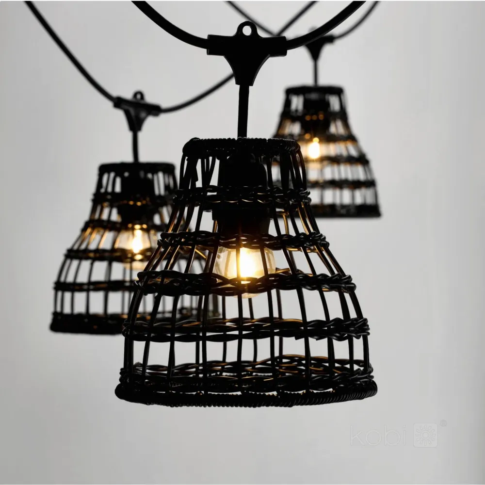 Komplette Lichterkette mit 10 Lampenschirmen | 10 Meter | Schwarzer Bambus | Verbindbar | E27 | Inklusive 1-Watt-Glühbirnen