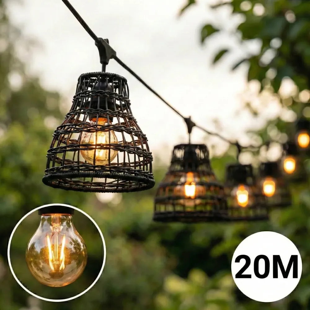 Komplette Lichterkette mit 20 Lampenschirmen | 20 Meter | Schwarzer Bambus | Verbindbar | E27 | Inklusive 1-Watt-Glühbirnen