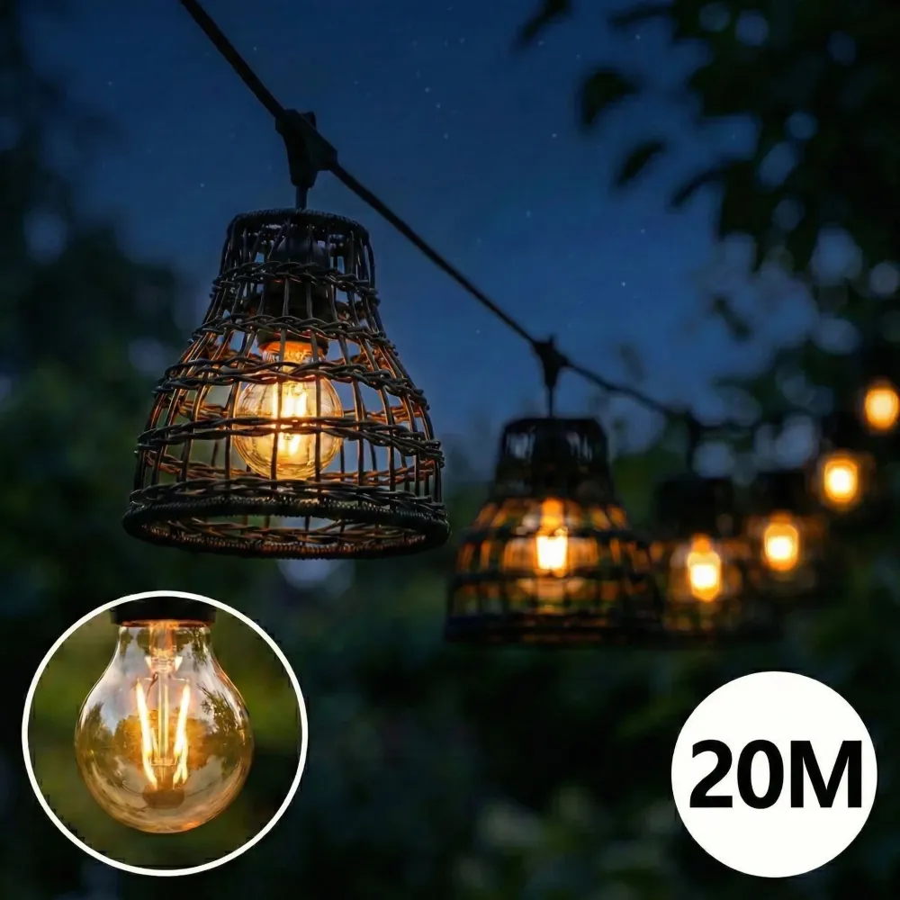 Komplette Lichterkette mit 20 Lampenschirmen | 20 Meter | Schwarzer Bambus | Verbindbar | E27 | Inklusive 1-Watt-Glühbirnen