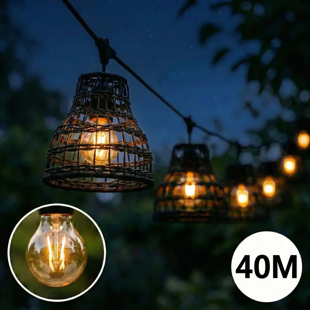 Komplette Lichterkette mit 40 Lampenschirmen | 40 Meter | Schwarzer Bambus | Verbindbar | E27 | Inklusive 1-Watt-Glühbirnen