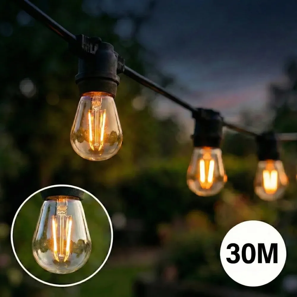 Komplettes Set | 30 Meter Lichterkette | Inklusive 30 Glühlampen | 1 W | 2700 K | Verkettbare Lichterkette