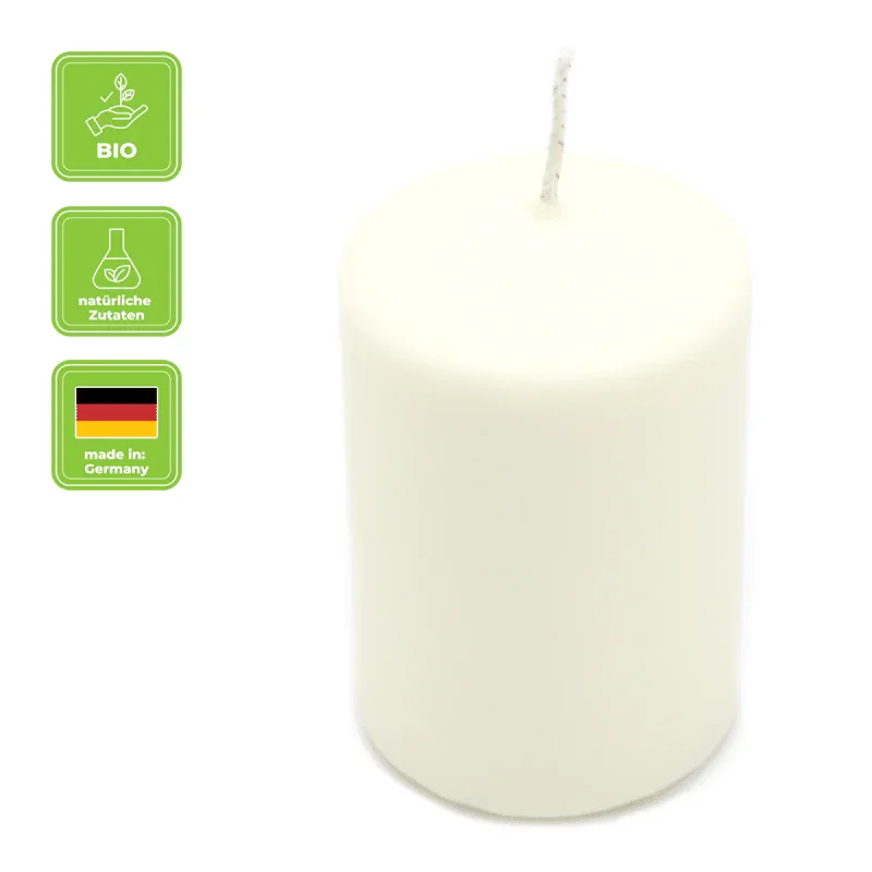 Öko-Stumpenkerze Creme, BIOKEMA, 90/60 mm, mit Bienenwachsüberzug, Brenndauer ca. 50h