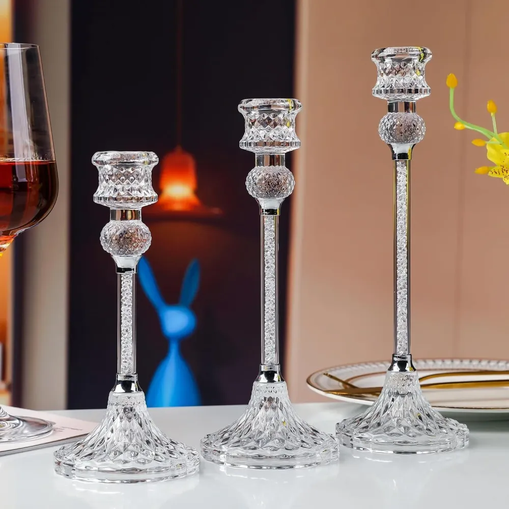 Kristall Kerzenständer Set 3-teilig Glas Stabkerzenhalter