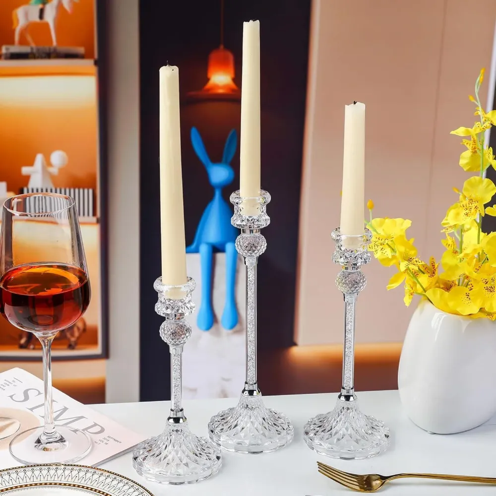 Kristall Kerzenständer Set 3-teilig Glas Stabkerzenhalter