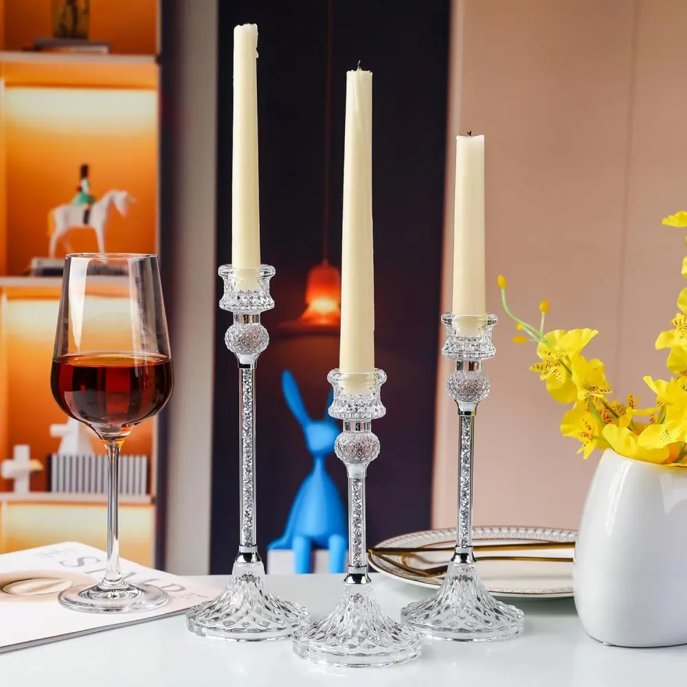 Kristall Kerzenständer Set 3-teilig Glas Stabkerzenhalter