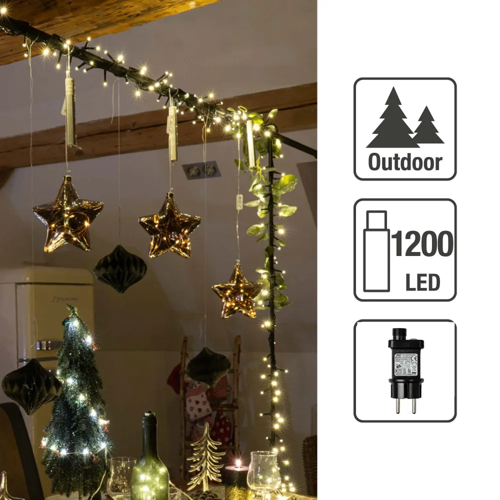 LED Cluster Lichterkette, 1200 LEDs ww, Außen-Transformator