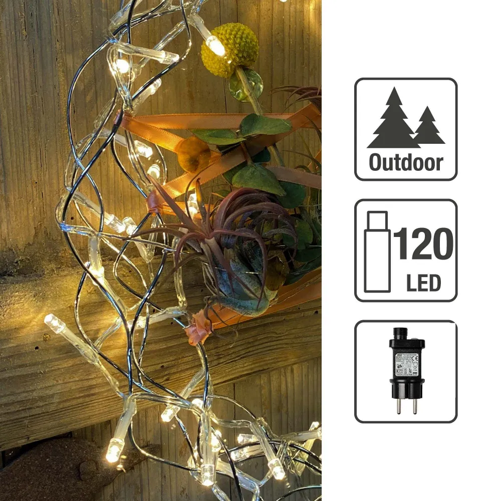 LED-Lichterkette, 120 LEDs ww, mit Timer, Außen-Transformator