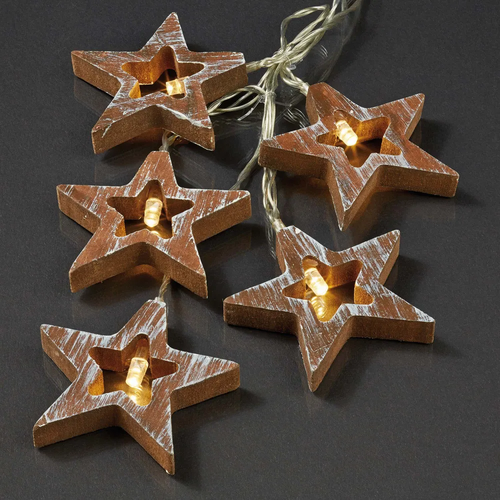 LED-Lichterkette mit Holzsternen, 10 LEDs ww, batteriebetrieben