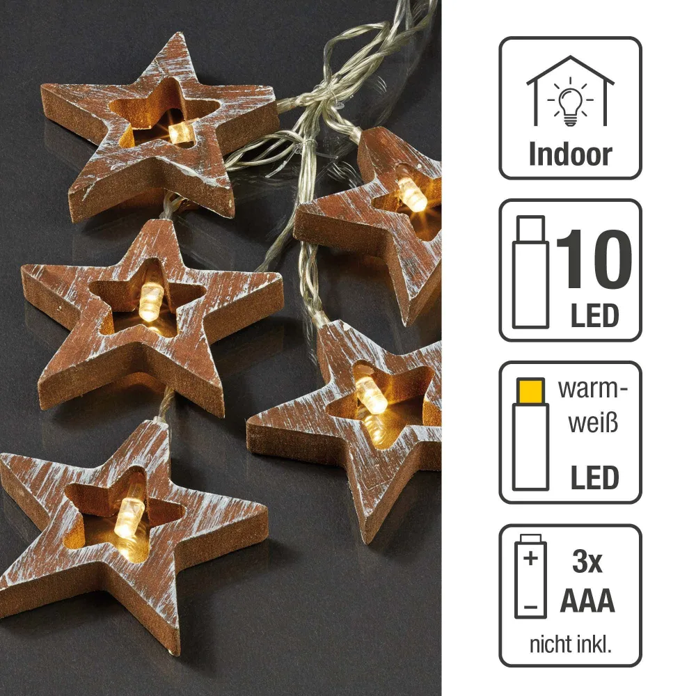 LED-Lichterkette mit Holzsternen, 10 LEDs ww, batteriebetrieben