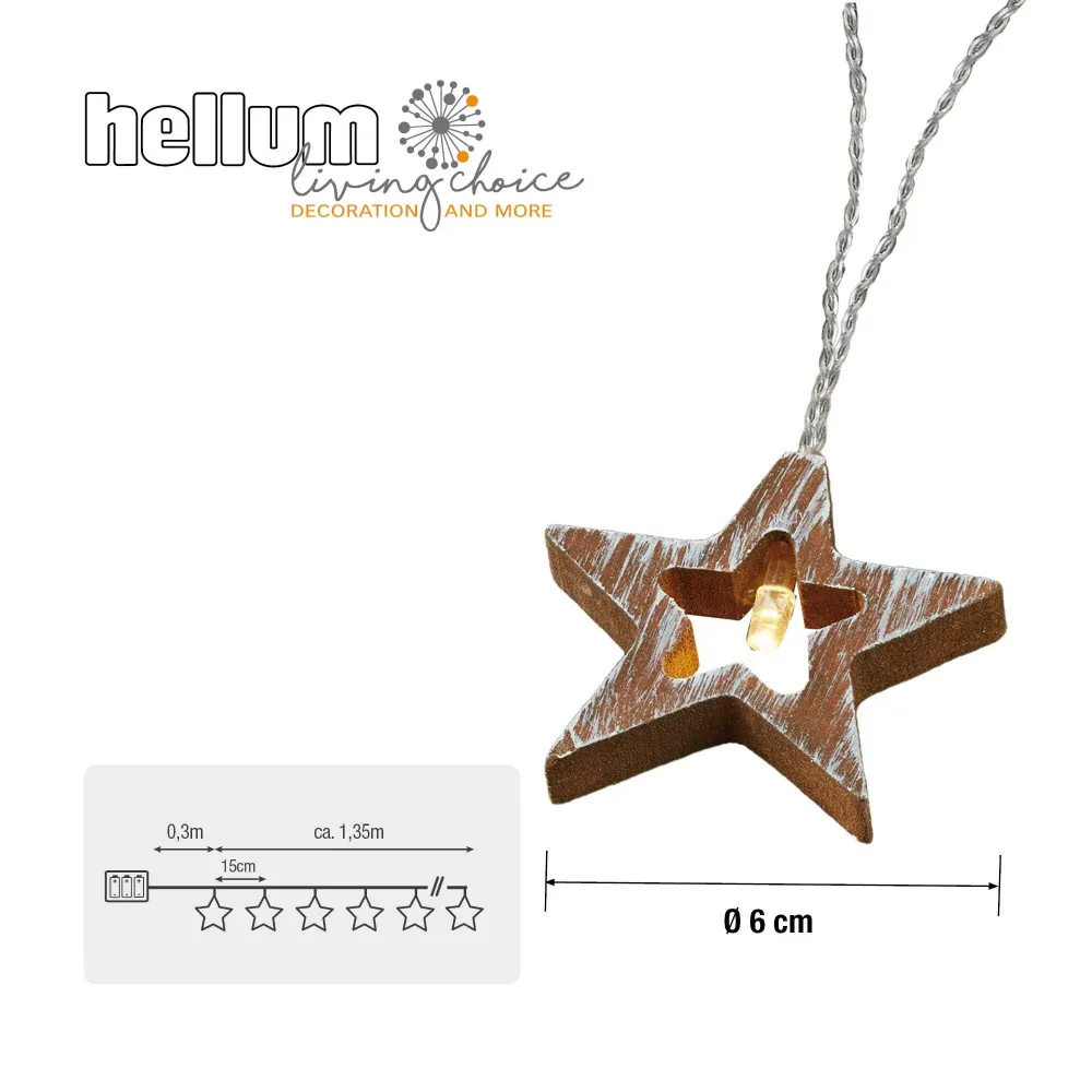 LED-Lichterkette mit Holzsternen, 10 LEDs ww, batteriebetrieben