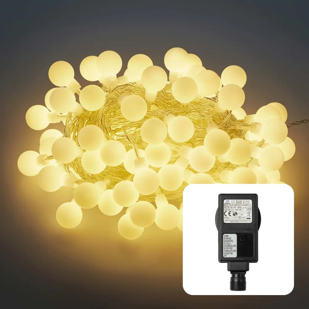LED-Lichterkette mit Kugeln, 100 LEDs ww, mit Außen-Transformator