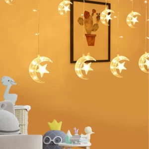 Lichterkette - Mondsichel und Sterne Ramadan Ornament (animierte gelbe Led-Licht)