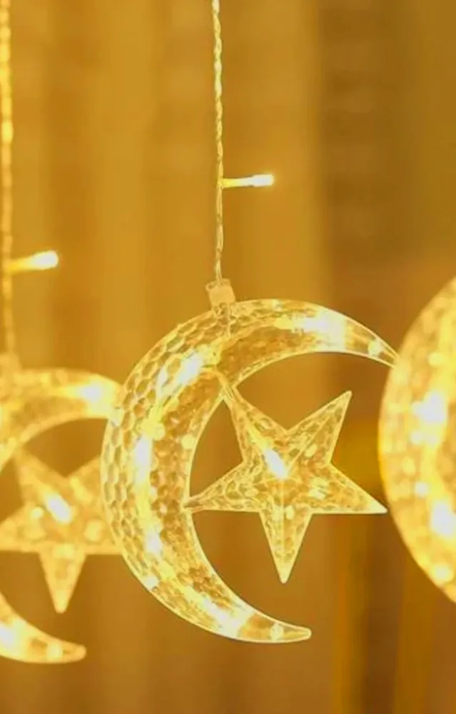 Lichterkette - Mondsichel und Sterne Ramadan Ornament (animierte gelbe Led-Licht)