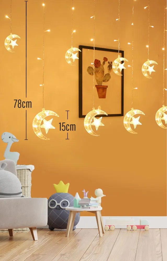 Lichterkette - Mondsichel und Sterne Ramadan Ornament (animierte gelbe Led-Licht)