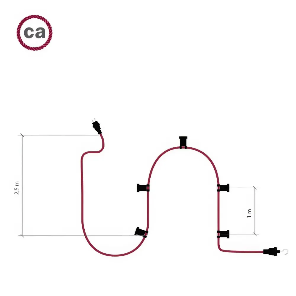 Lichterkette System Lumet, 7,5 m mit CZ04-Textilkabel, 5 Fassungen, Haken und schwarzen Stecker
