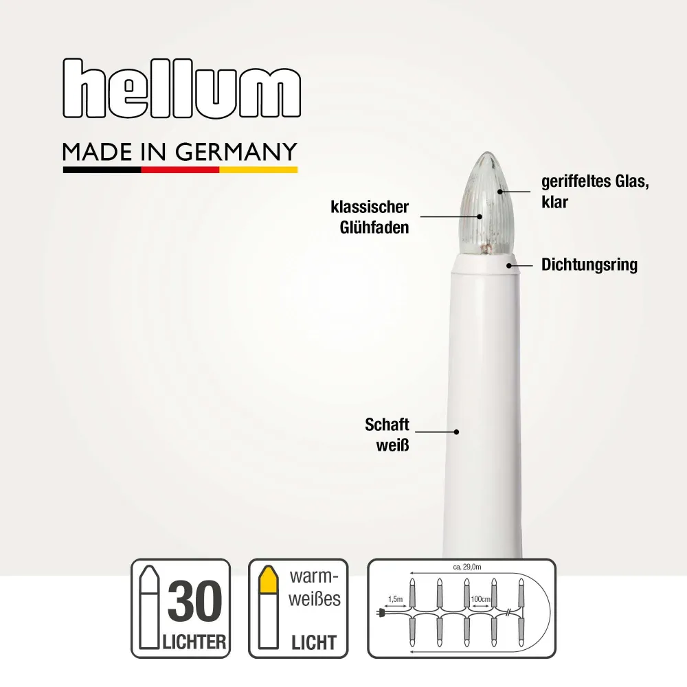 Lichterkette Weihnachtsbaum außen 30 teilig, Made Germany, Riffelkerzen, Glühfaden
