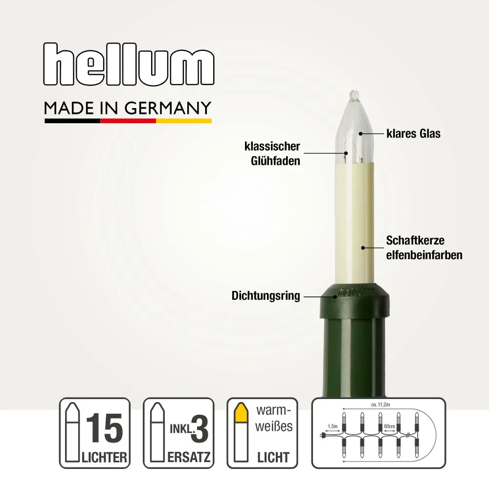 Lichterkette Weihnachtsbaum außen 15 teilig, Made Germany, Schaftkerzen, inkl. 3 Ersatzkerzen, Glühfaden
