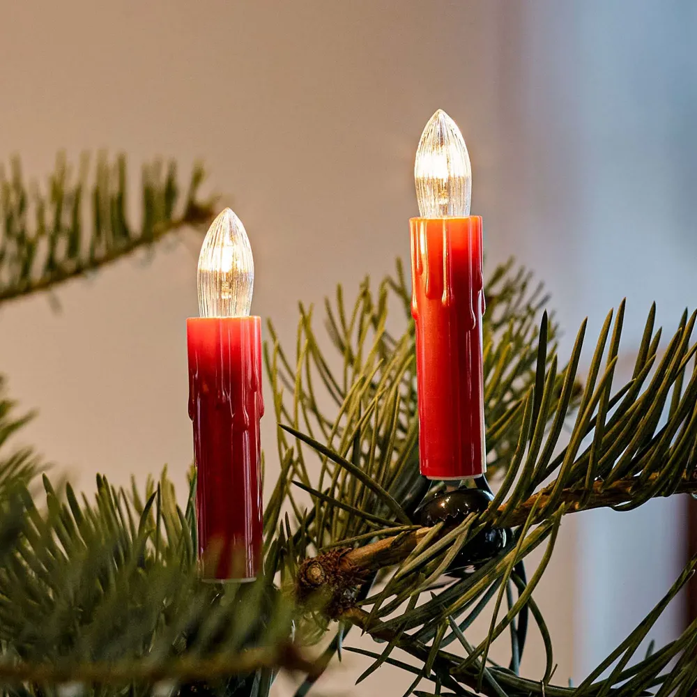 Lichterkette Weihnachtsbaum innen 15 teilig, Made Germany, Riffelkerzen, mit Wachstropfen, rot, Glühfaden