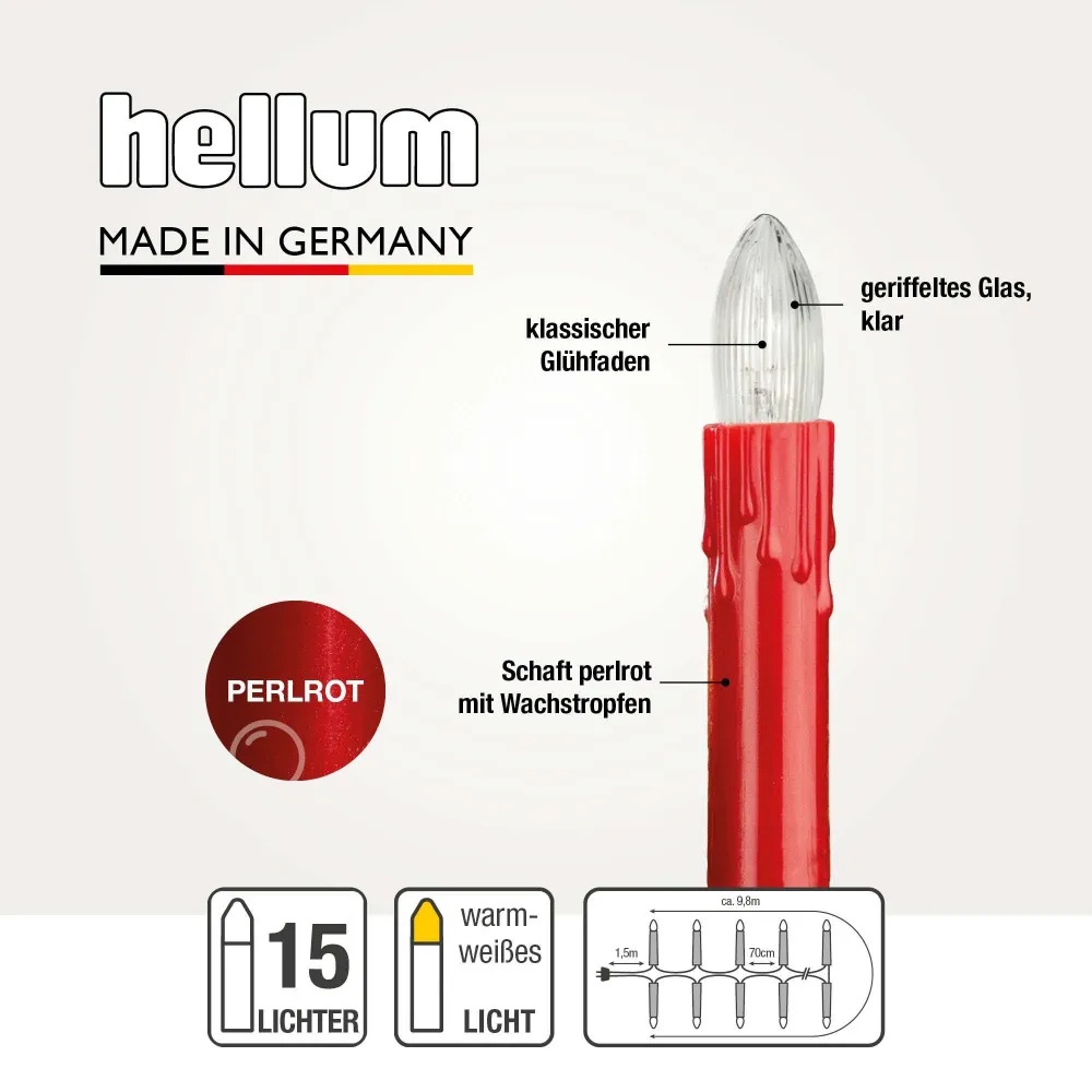 Lichterkette Weihnachtsbaum innen 15 teilig, Made Germany, Riffelkerzen, mit Wachstropfen, rot, Glühfaden