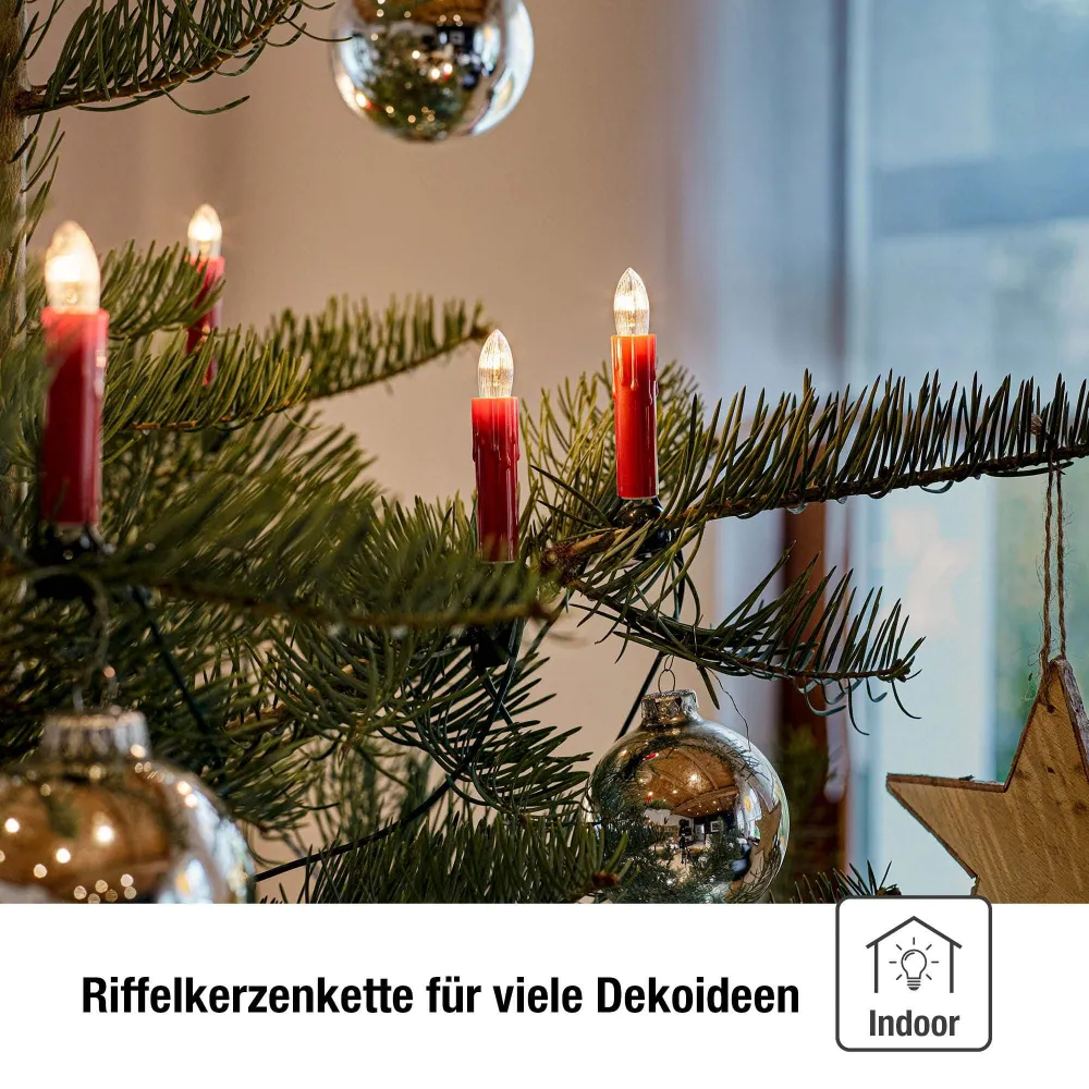 Lichterkette Weihnachtsbaum innen 15 teilig, Made Germany, Riffelkerzen, mit Wachstropfen, rot, Glühfaden