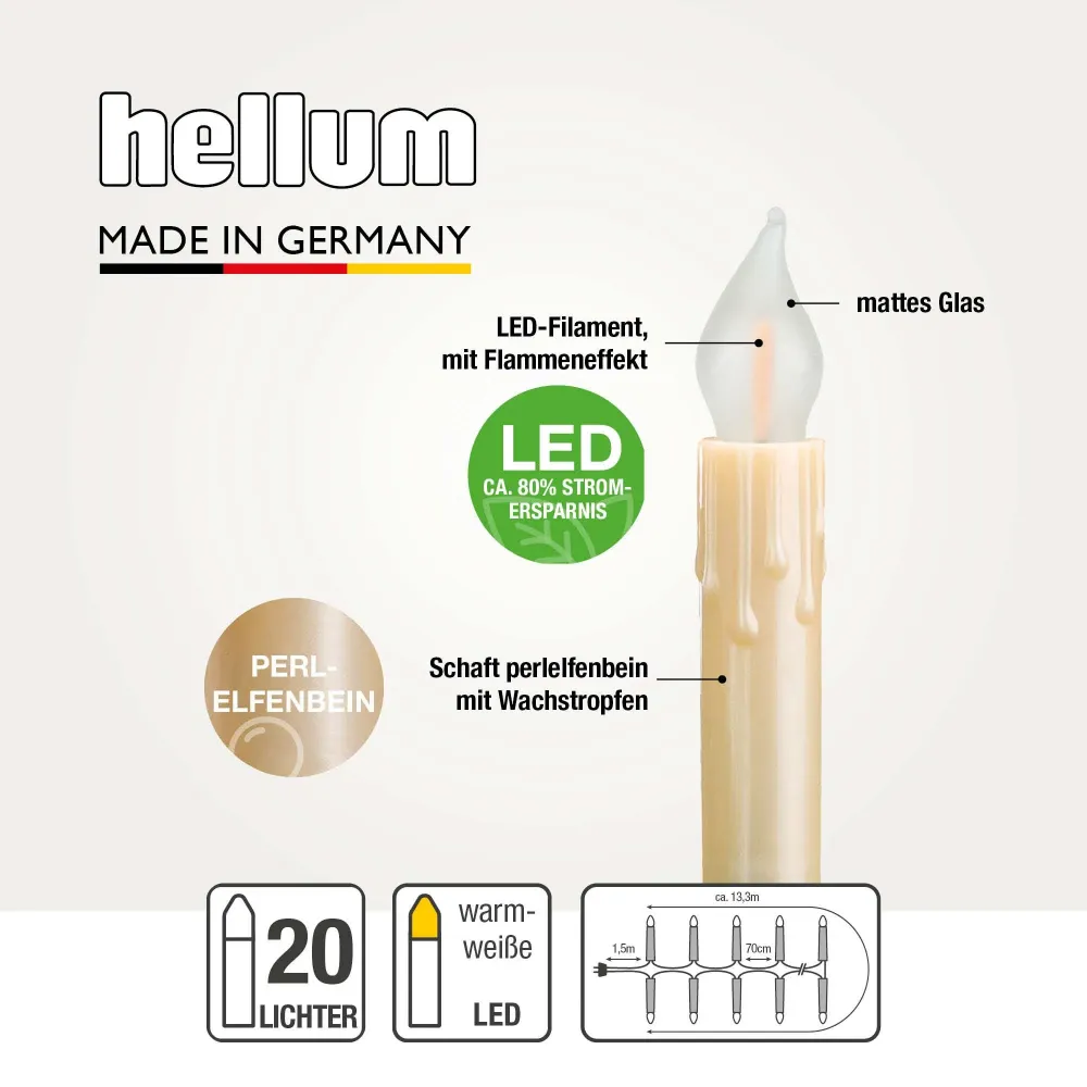 Lichterkette Weihnachtsbaum LED Filament mit Flammeneffekt innen 20 teilig, Made Germany, Riffelkerzen, mit Wachstropfen,...