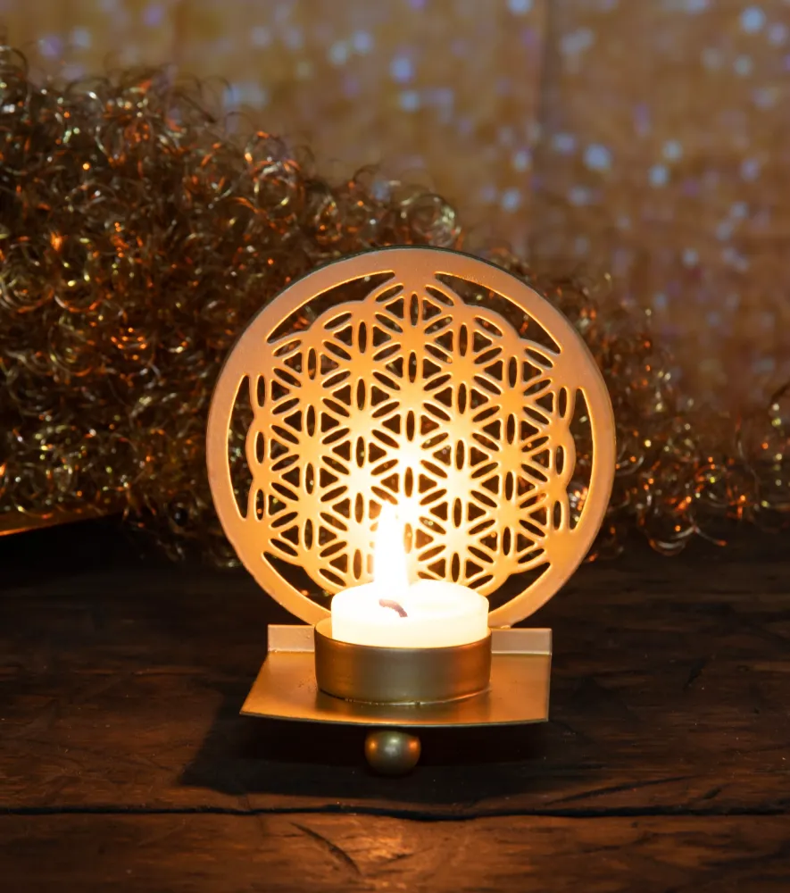 Lichtobjekt Blume des Lebens gold – Heilige Geometrie im Kerzenlicht – Höhe 11,5 cm