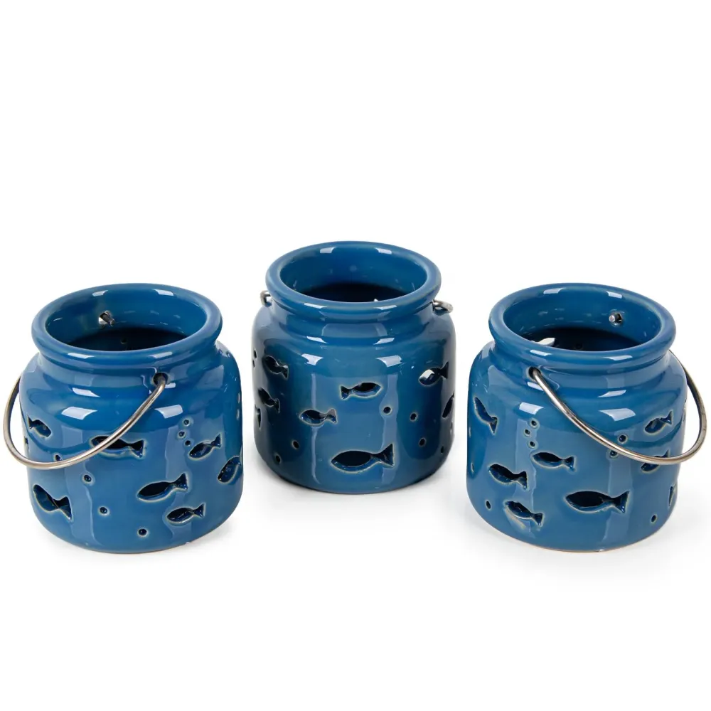 Logbuch-Verlag 3 Maritime Kerzenhalter Teelichthalter blau mit Fischen Tischdeko Taufe Kommunion Konfirmation 8 cm