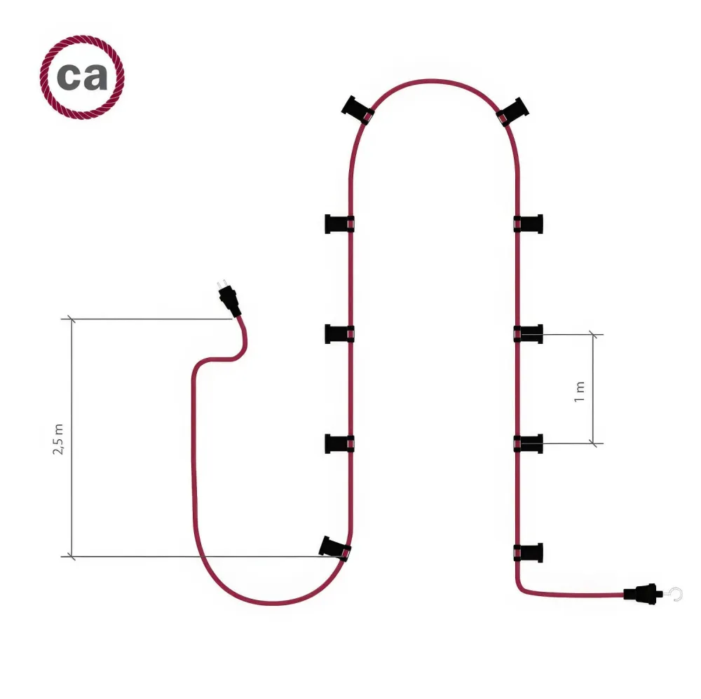 Lumet-System-Lichterkette, 12,5 m mit Stoffkabel CM22, 10 Fassungen, weißer Haken und Stecker