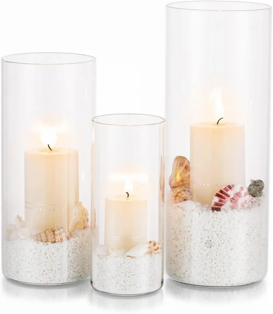 Moderne Glaszylinder Kerzenhalter Set: Windlicht für Hochzeit Stumpenkerzen