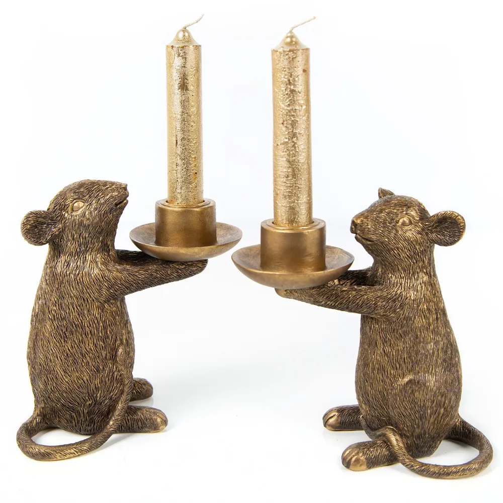 2 Mäuse Kerzenständer Gold für Stabkerzen Weihnachten extravagant 15,5 cm