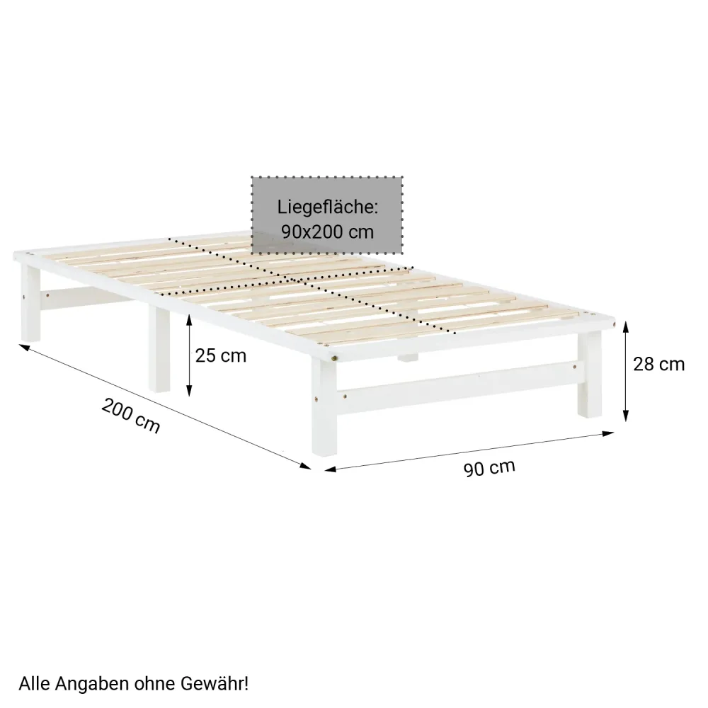 Palettenbett 90x200 cm Weiss | Einzelbett | mit Lattenrost | Holz | Kind Jugend Gast