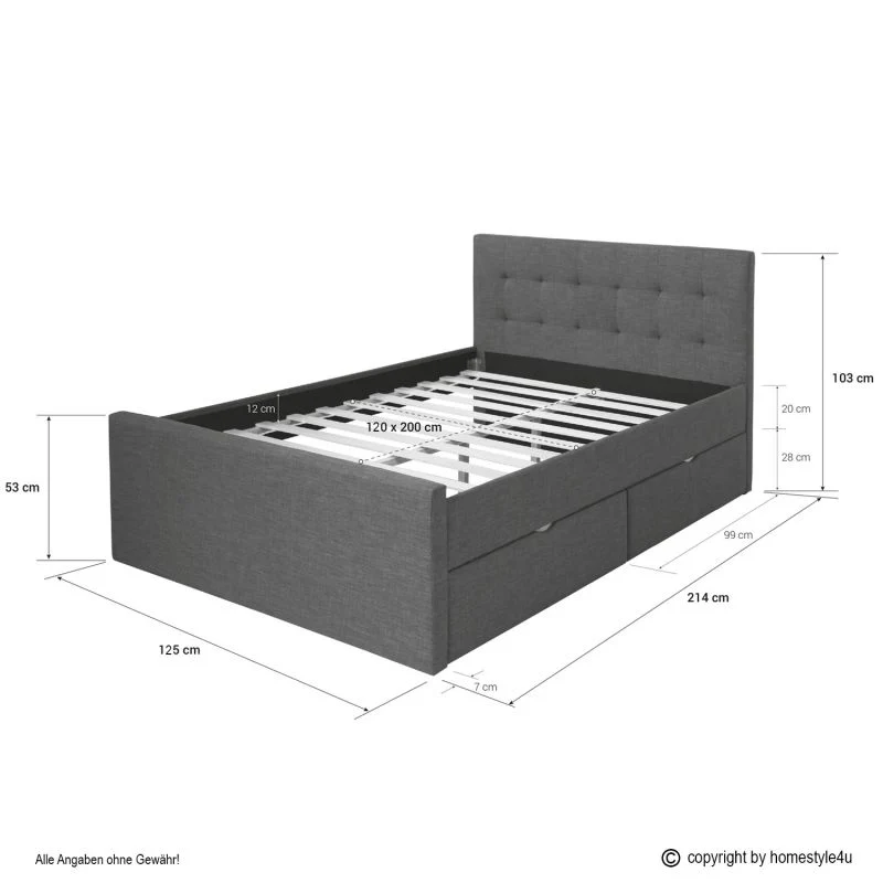 Polsterbett 120x200 mit 2 Bettkästen und Lattenrost Grau