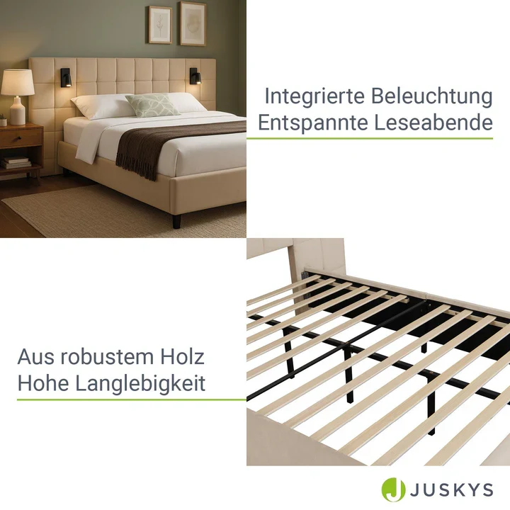 Polsterbett 140x200 cm Luzano - LED Lattenrost & Kopfteil - Samt Beige